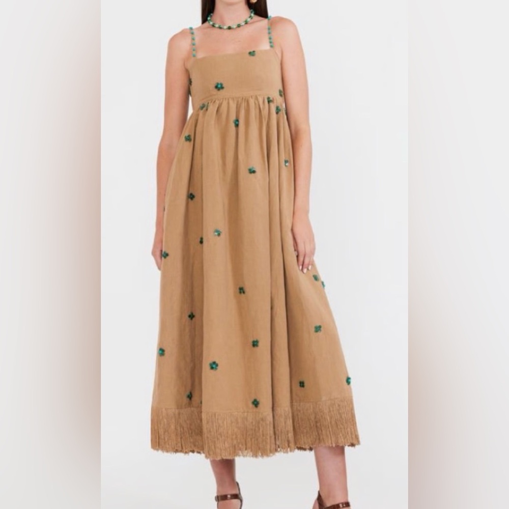 Embroidered Fringe-Hem Tan Midi Dress with Green Accents
